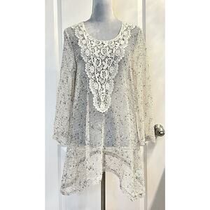 KRAZY KAT Open Knit Tunic Top Embroidered Asymmetrical Hem Boho Beachy Cover Up